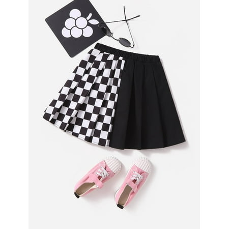 

Toddler Girls Checker Print Pleated Skirt Black and White Preppy A040W