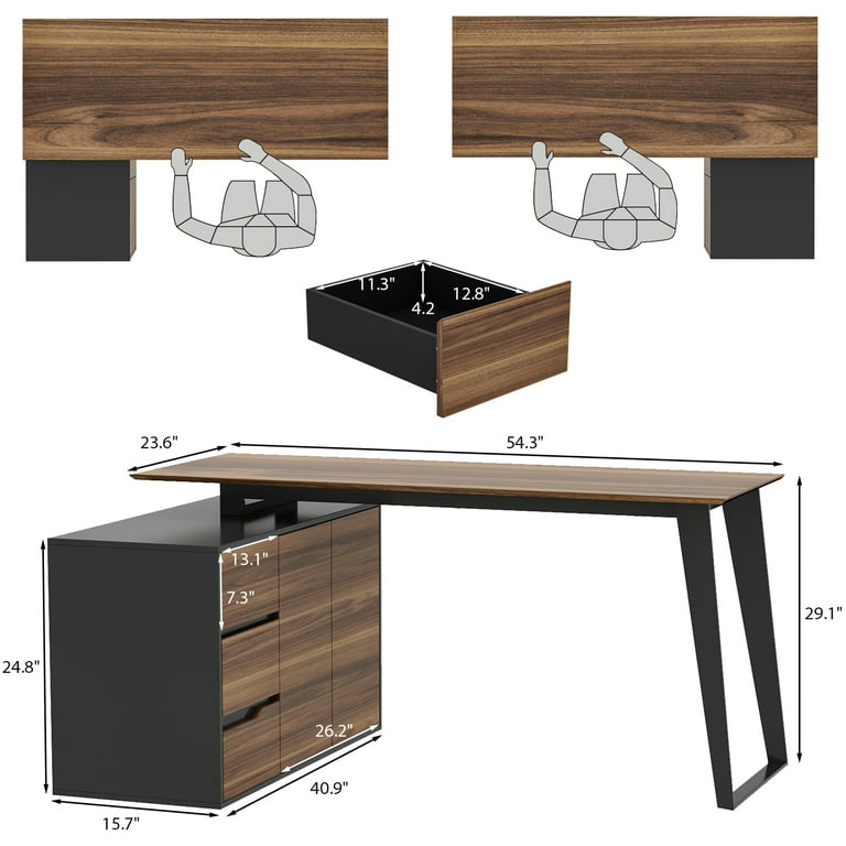 54.3 in. Reversible L-Shaped Brown Wood Writing Desk Office Workstatio