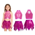thumbnail image 3 of iiniim Girls 2 Piece Jazz Latin Dance Outfit Sequin Sleeveless Crop Top with High Low Mini Skirt for Disco Hip Hop Dancewear Hot Pink 8, 3 of 7