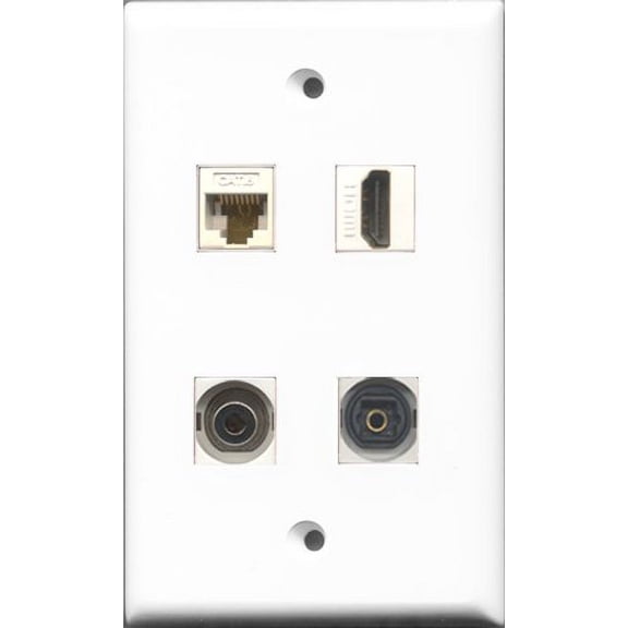 RiteAV 1 Port HDMI and 1 Port Toslink and 1 Port 3.5mm and 1 Port Cat6 Ethernet White Wall Plate