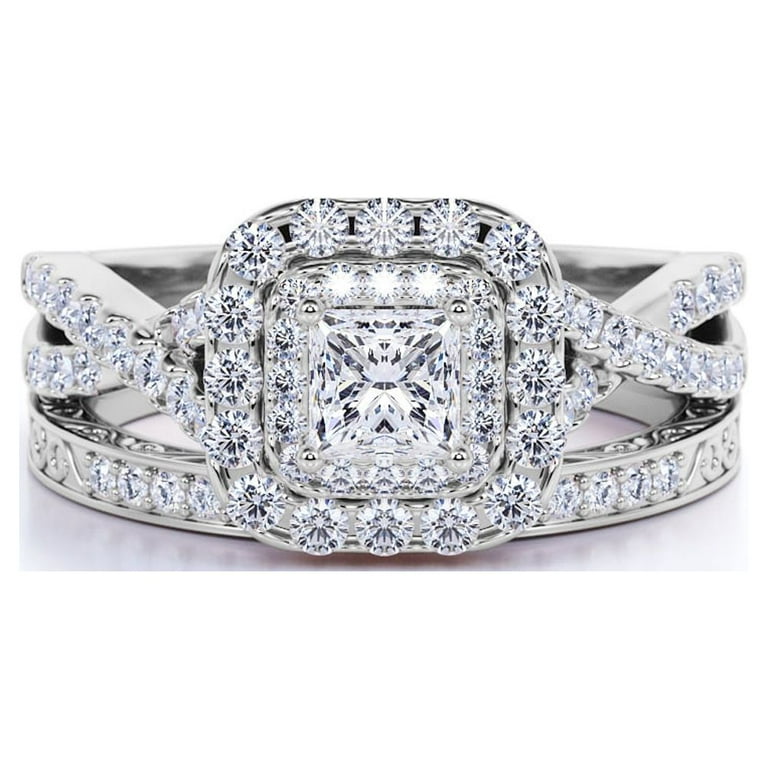 1.25 ct - Square Moissanite - Double Halo - Twisted Band - Vintage Inspired  - Pave - Wedding Ring Set in 18K White Gold over Silver 