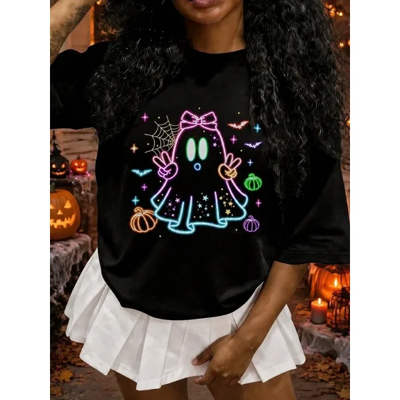 Childrens Wear Neon Sign Ghost Graphic T Shirt For Kids Cute Funny Halloween Party Gift Unisex Short Sleeve Cotton Tee