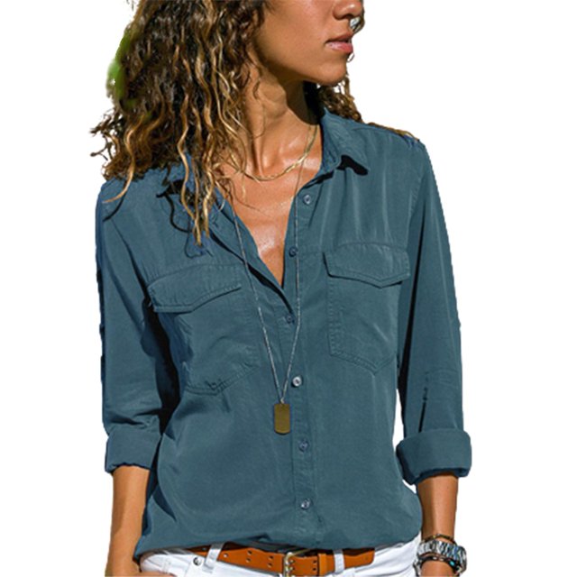 Women Button Blouse Long Sleeve Pure Color Loose Shirt With Collar All-match TopsThe Cowboy Blue