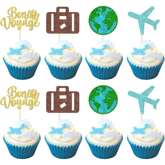 Bon Voyage Cupcake Toppers, Glitter Travel Themed Cupcake Picks, 12 Pack, Airplane Suitcase World Map for Going Away Party Decorations