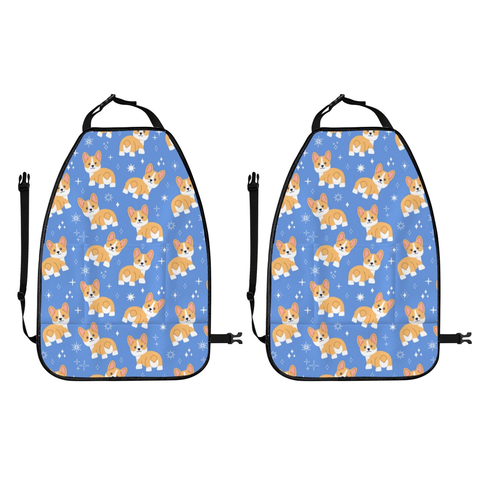 Kdxio Kawaii Corgi Print 2 Pack Car Kick Mat Seat Cover Back Protector Mat with Pockets for Organizer Backseat Protector and Storage Anti Kick Pad for Vehicles