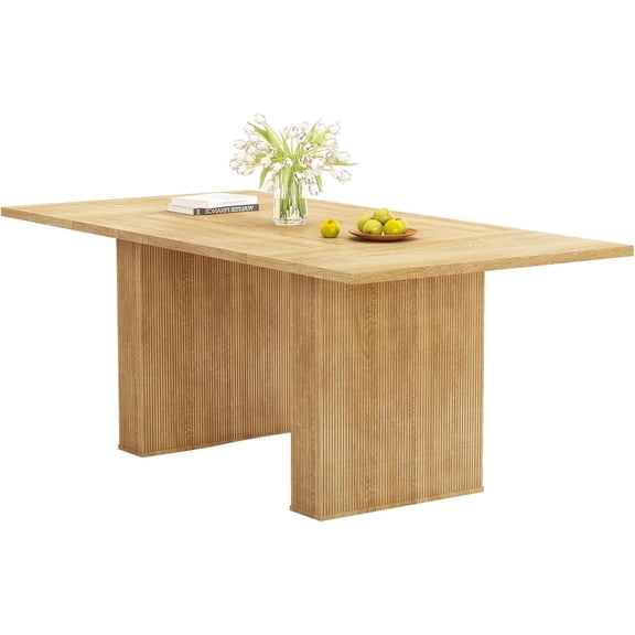 QHITTY 78 Inch Fluted Dining Table, Wood KitchenTable for 6 to 10, Farmhouse Long Rectangle Table with Strip Base for Dining Room, Kitchen Natural