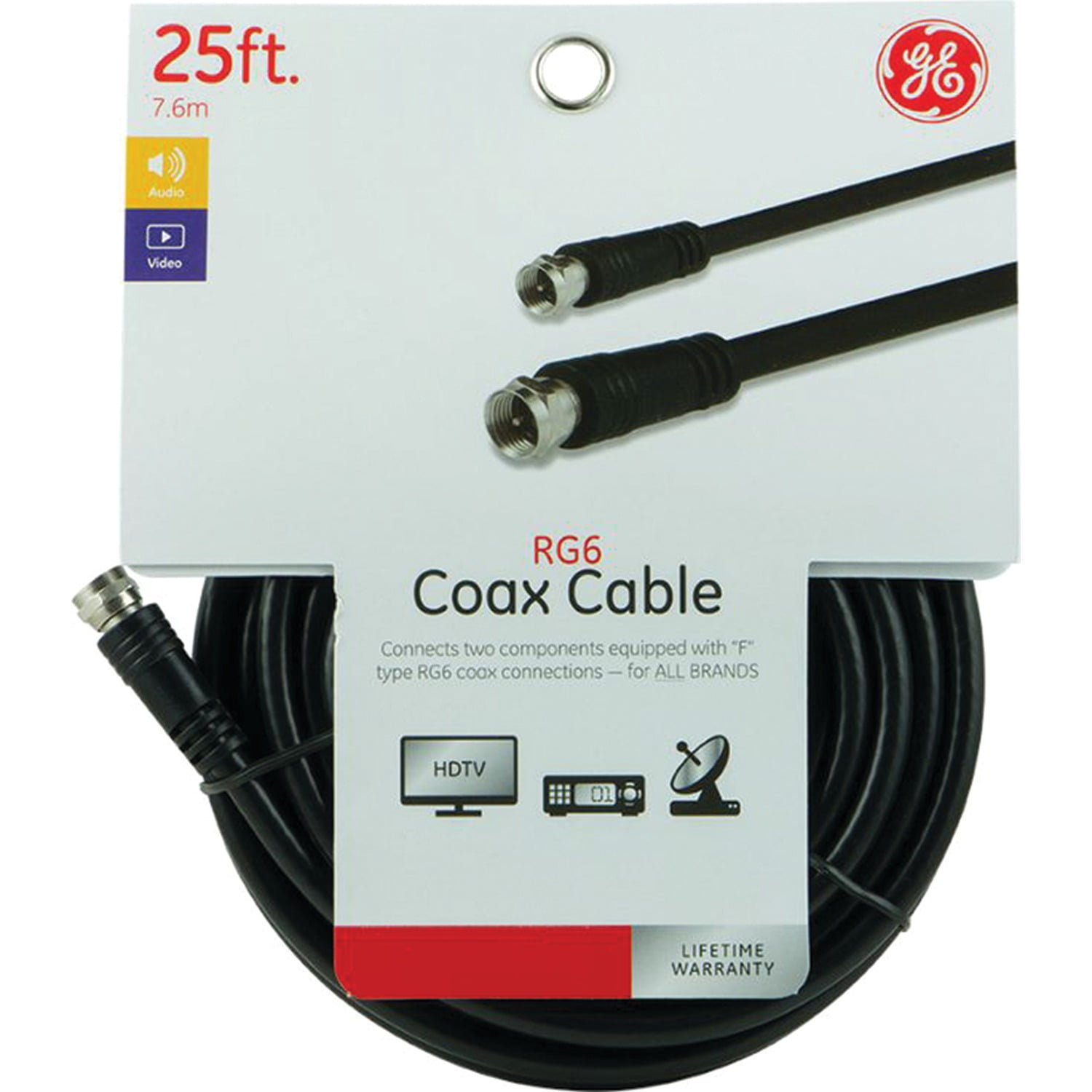 GE 25ft RG6 Coaxial Cable, F-Type, Double Shielded Coax