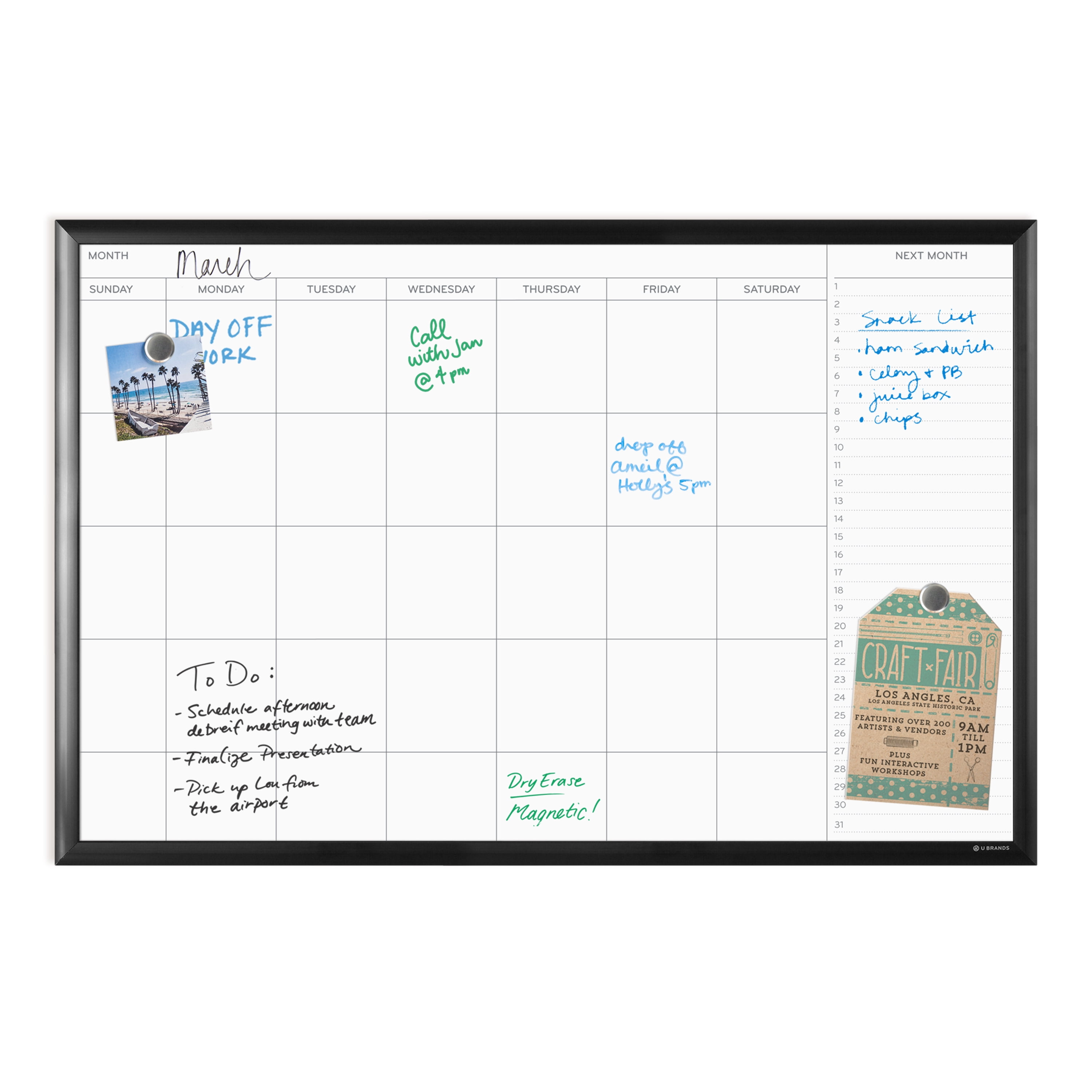 U Brands Magnetic Dry-Erase Monthly Calendar Board, 36 X 24 Inches, Black Aluminum Frame (2899U00-01)