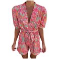 thumbnail image 2 of Mqqzkk Women's Lace Up Waist Rompers Floral Printed Short Sleeve Crew Neck Stretchy Jumpsuits Wide leg Outfit with Pockets, 2 of 9