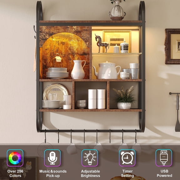 Floating Shelf with LED Light and 10 Hooks, Wood Wall Mounted Display Shelf for Living Room, Bedroom, Gaming Shelves, Brown