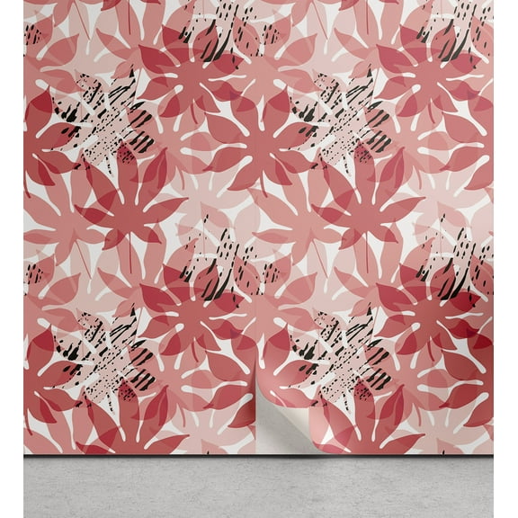 Ambesonne Leafy Peel & Stick Wallpaper for Home, Autumnal Melancholy Leaves, 13"x72", Pale Ruby White Dark Grey