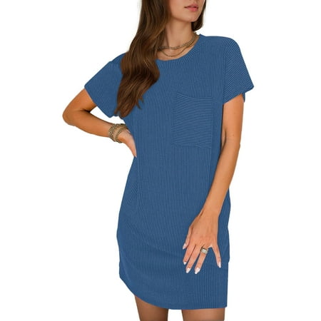 Weardear Womens Casual Summer Crewneck Short Sleeve Ribbed Mini Tshirt Dress