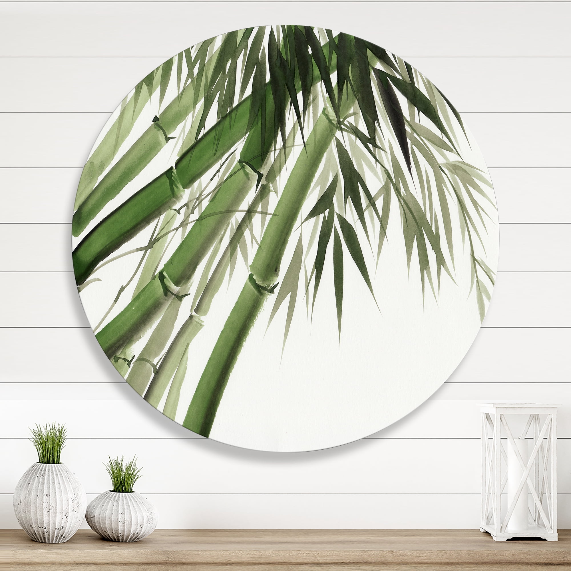 Designart 'Ancient Dark Green Bamboo' Traditional Circle Metal Wall Art 11x11 - Disc of 11