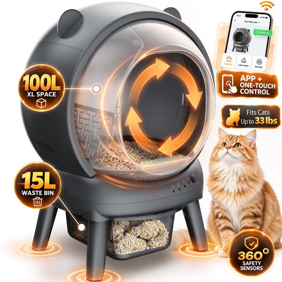 Automatic Cat Litter Box - Self Cleaning cat Litter Box for Multiple Cats, APP Real-Time Monitor, Weight Monitoring, Safe Anti-Pinch Liners, liners and Mat Included