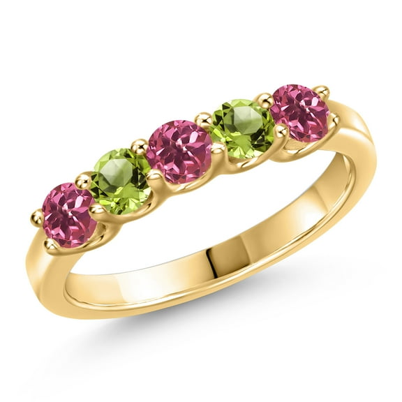 Gem Stone King 10K Yellow Gold Pink Tourmaline and Green Peridot Wedding-Bands Ring for Women | 0.86 Cttw | Round 3.5MM | Gemstone October Birthstone | Size 6