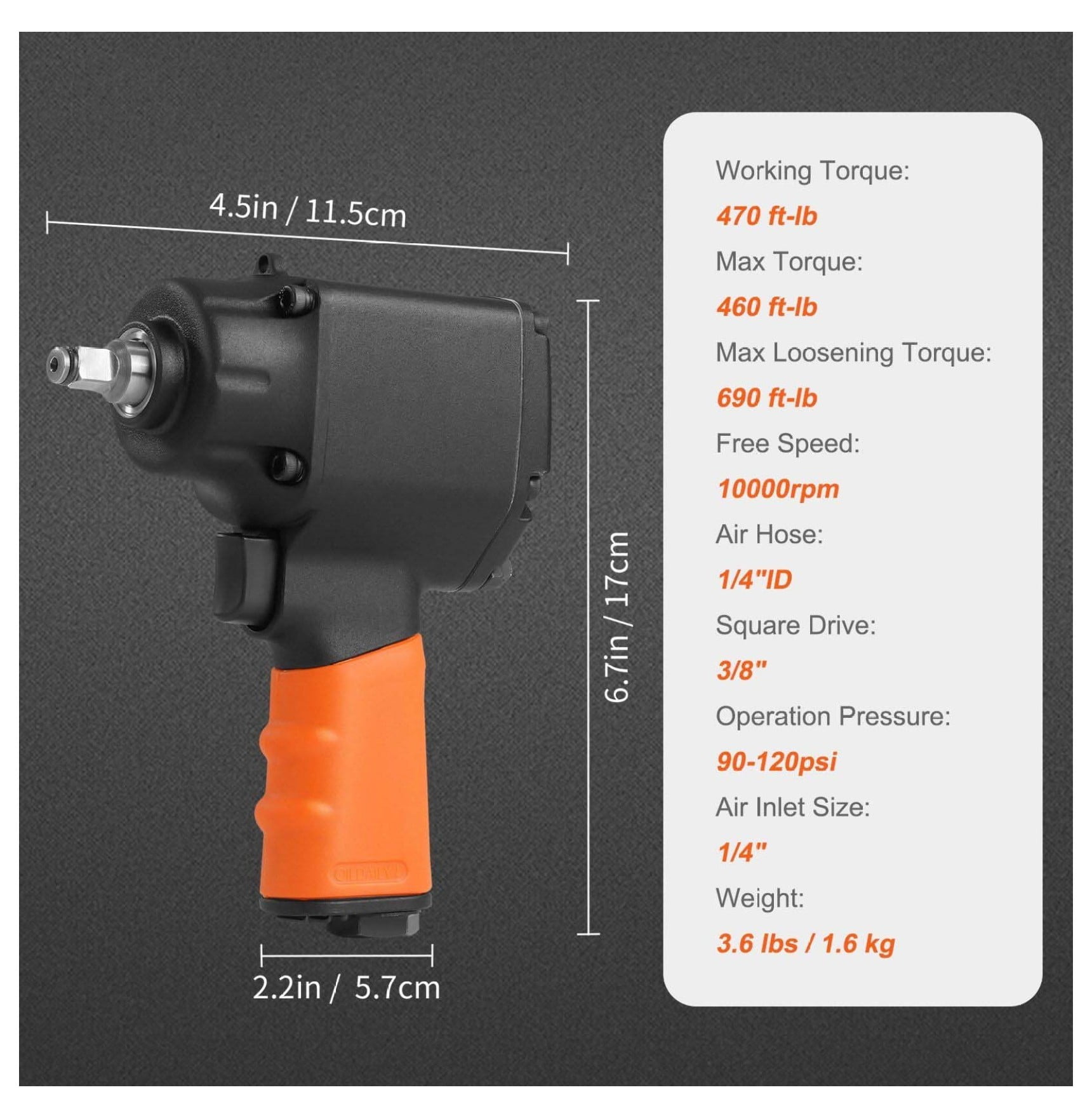 Air Impact Wrench 3/8 Inch Drive - 690 ft-lbs Pneumatic Impact Gun for Auto Repair - Lightweight, Compact & Durable Air Tool for Vehicle Maintenance