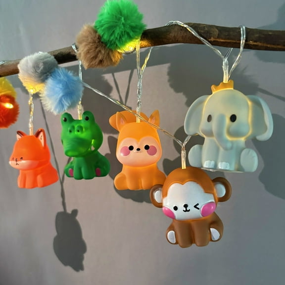1.65M 10LEDs Forest Animal and Plush Pom Poms LED String Lights Battery Powered Animal Party Decor Lights