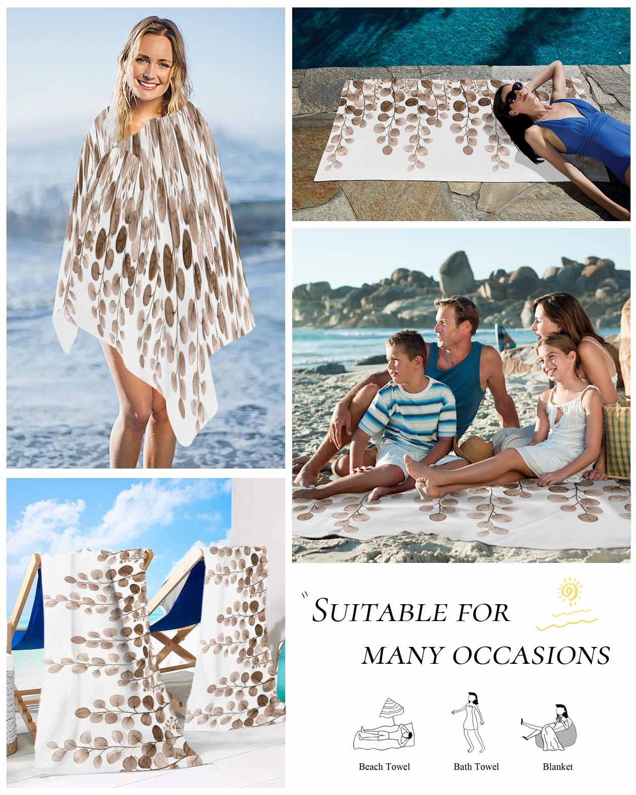 Brown Eucalyptus Leaves Beach Towels Oversized Super Absorbent, Watercolor Floral Leaf Plants Lightweight Bath Towel Quick Dry Sets For Bathroom/Pool/Rv Camping/Beach Play/Gym Room/Picnic 31"x62"
