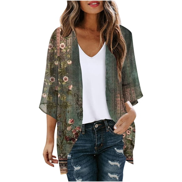 LOVZFMLL Cardigan for Women's Floral Print Puff Sleeve Kimono Cardigan Loose Chiffon Cover Up Casual Blouse Tops