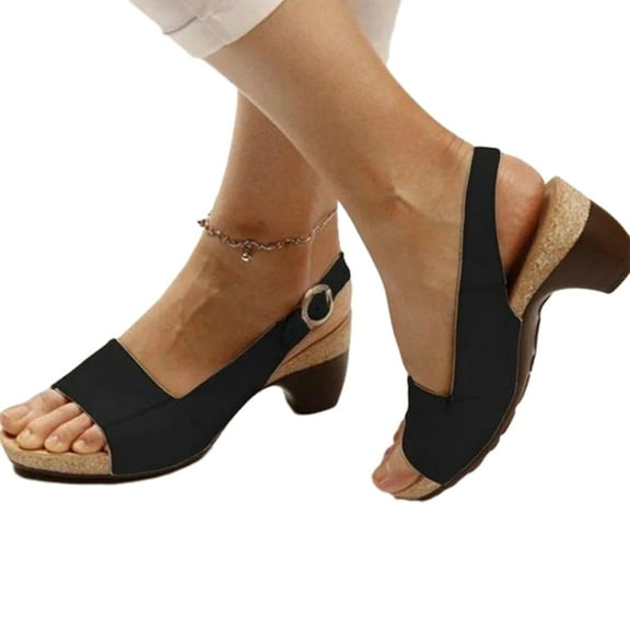LoyisVidion Wide-fit Block Heel Sandals - Summer Ladies Shoes Fish Mouth Medium Thick Heel Metal Buckle Women's Sandals