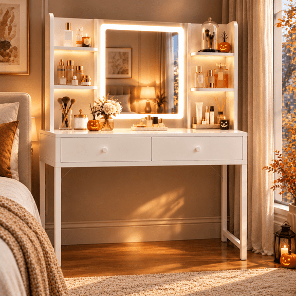 White Vanity Desk, Lofka Makeup Vanity with 20 x 25.5 Inch Lighted Mirror, 3-Color Dimmable Makeup Vanity Set with 2 Drawers and Stool