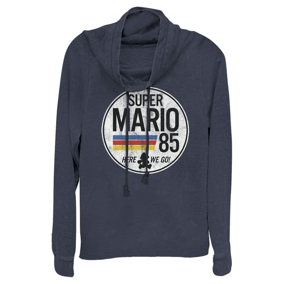Junior's Nintendo Super Mario Retro Rainbow Ring  Cowl Neck Sweatshirt Navy Blue X Large