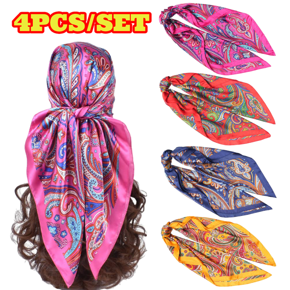 4pcs Silk Head Scarves for Women, Satin Hair Scarf, 27.5” Large Square Bandana Neck Scarf