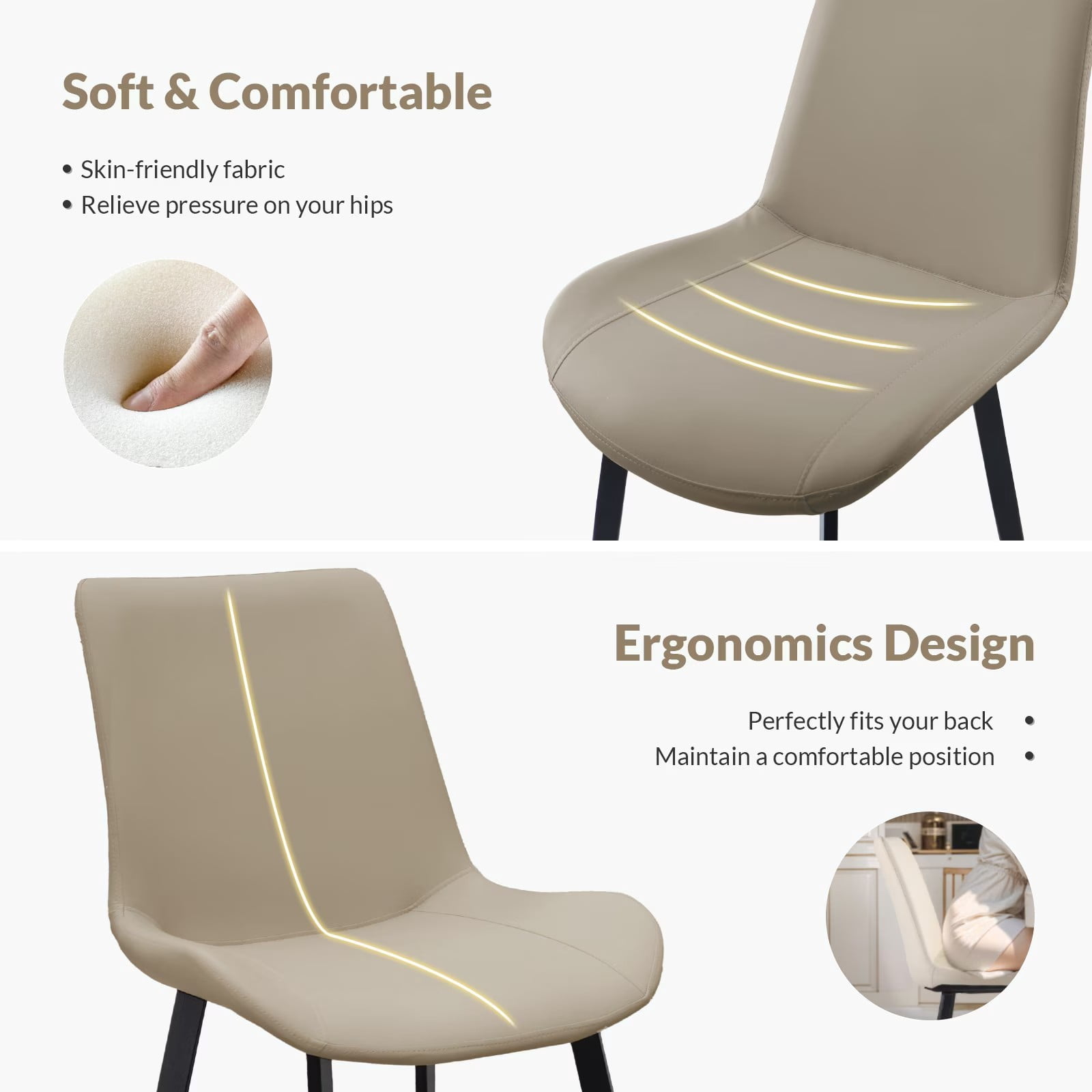 Tan PU Leather Dining Chairs Set of 2, Modern Upholstered Kitchen Chairs with Metal Legs, Armless Side Chairs for Dining Room, Restaurant, Living Room & Meeting Room