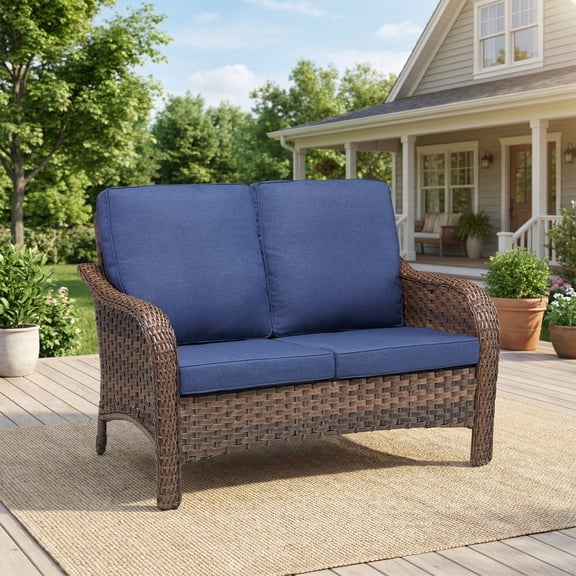 Opohoro 50" Outdoor Patio Couch with Blue Cushions, 2-Seat PE Wicker Loveseat for Deck, Backyard