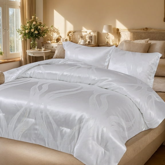 Luxurious Romantic French Drape Grass Satin Jacquard Pattern Artificial Silk Cover Quilt White Suit Queen's Size With Zipper Closure Suitable for All Seasons (Including 2pc Pillowcase)