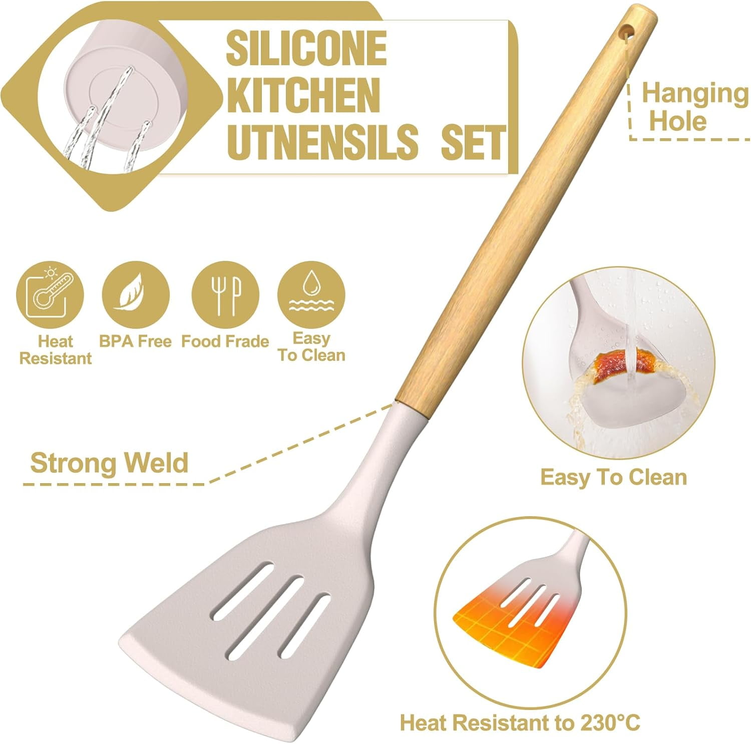Kitchen Utensil Set, AOKIWO 34Pieces Silicone Cooking Utensil Set with Wooden Handle, Heat Resistant Spatula Set Gadgets Tools Cookware, Khaki