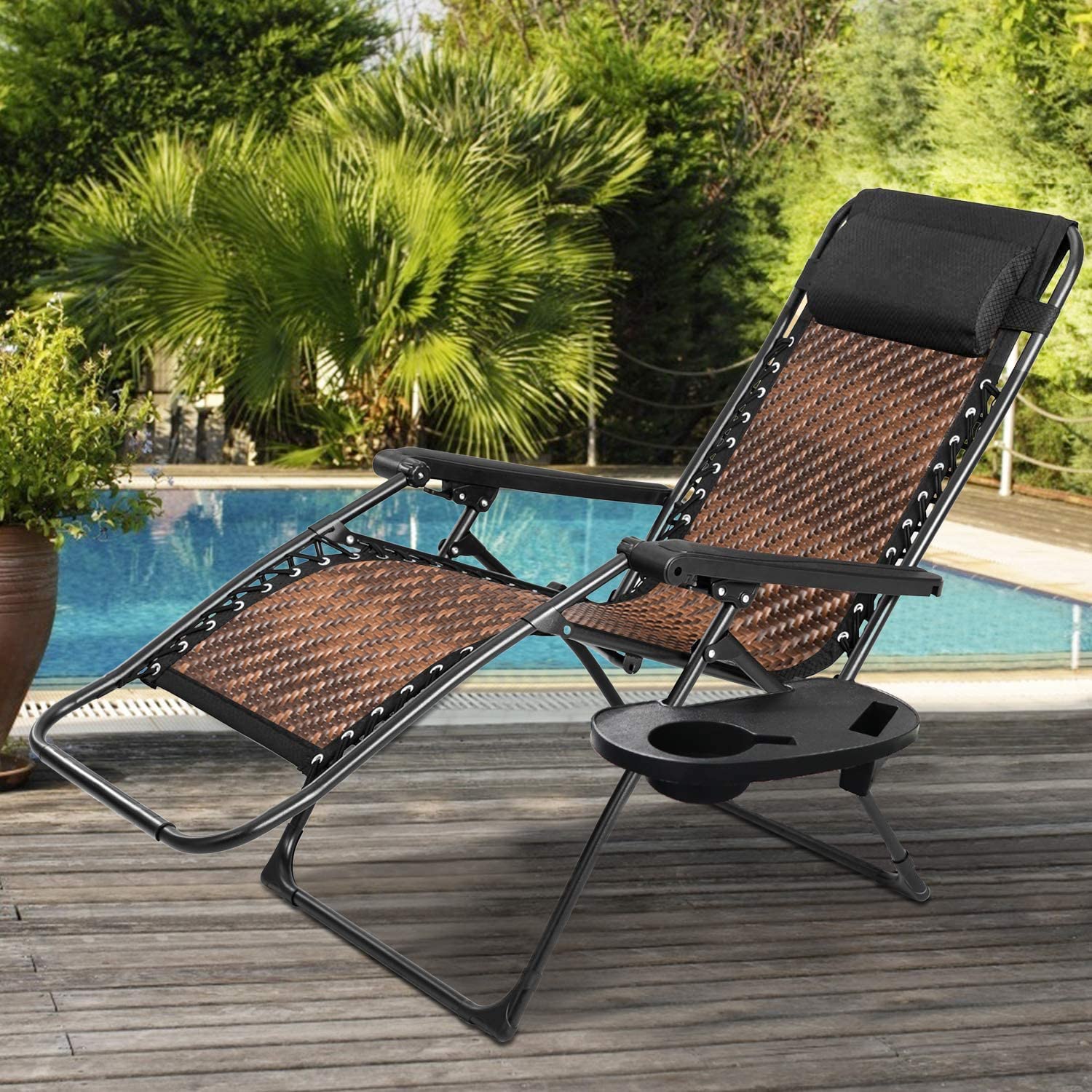 SOLAURA Outdoor Zero Gravity Lounge Chair Patio Adjustable Folding Wicker Recliner - Brown - image 4 of 6