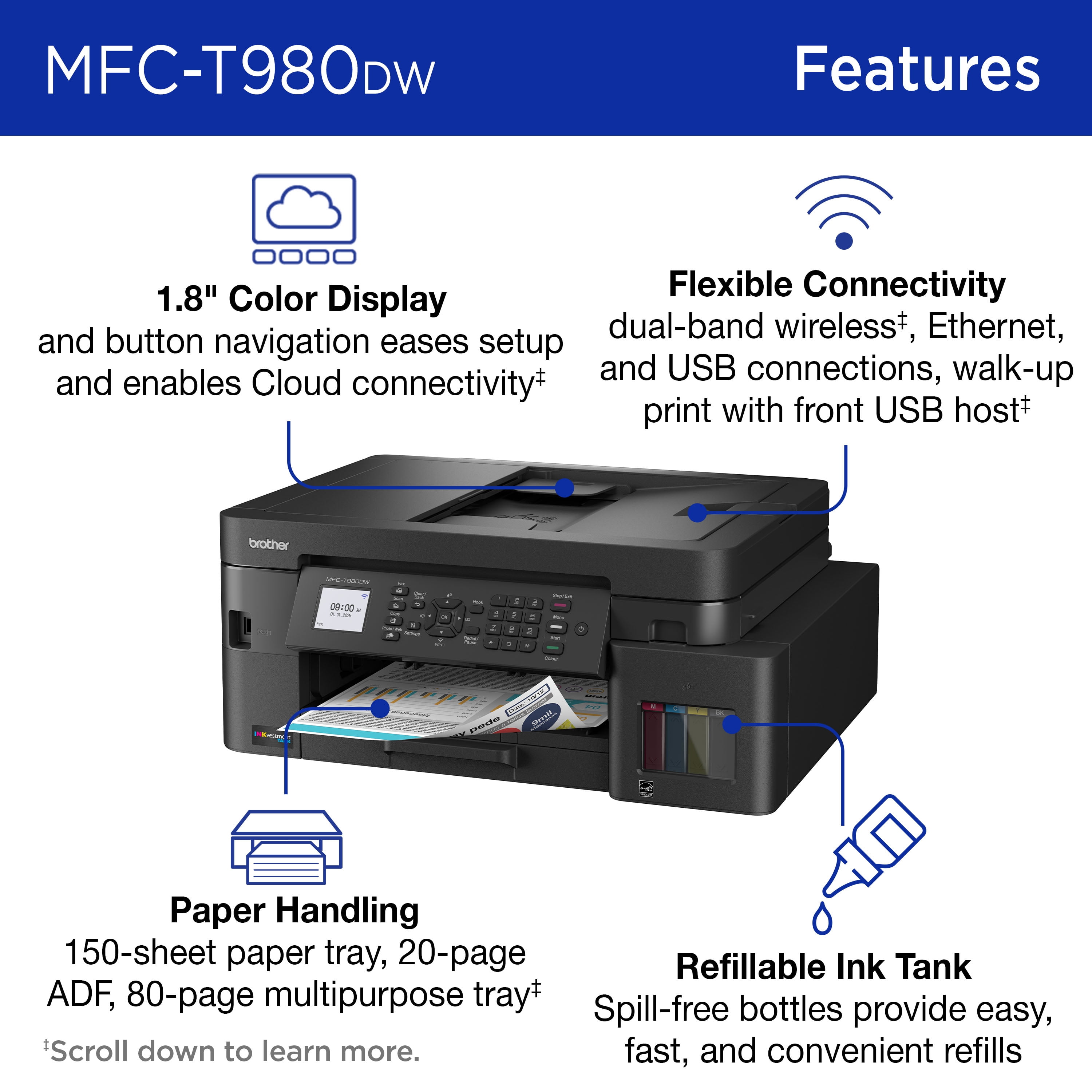 Brother INKvestment Tank 980 MFC-T980DW Wireless and Ethernet Color Inkjet All-in-One Printer with Multipurpose Tray and Up to 3 Years of Ink In-Box and 3-year Limited Warranty