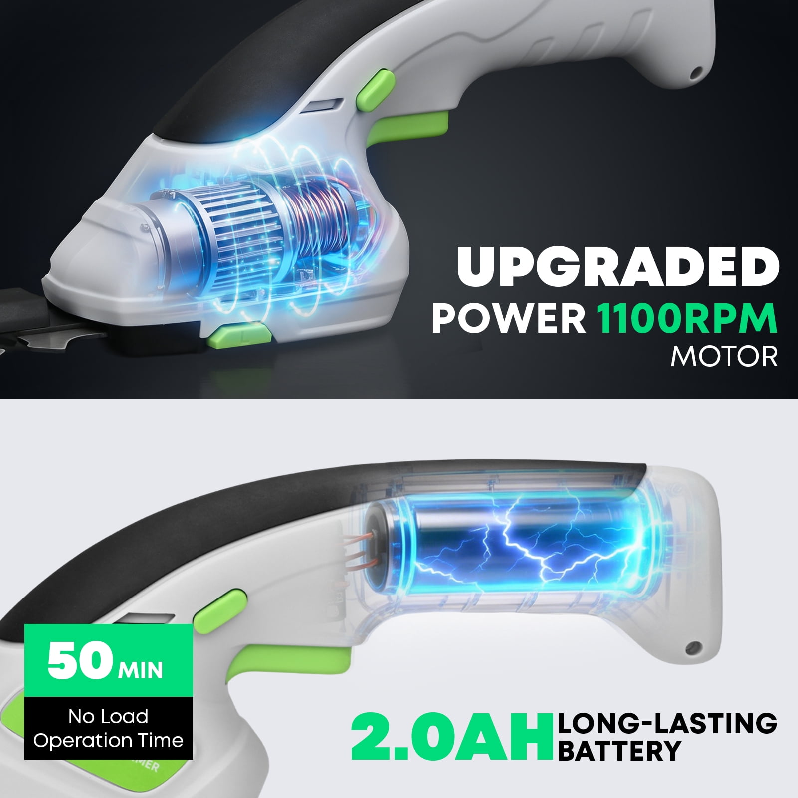 2-in-1 Cordless Hedge Trimmer Grass Shear, Handheld Electric, 2.0Ah Battery