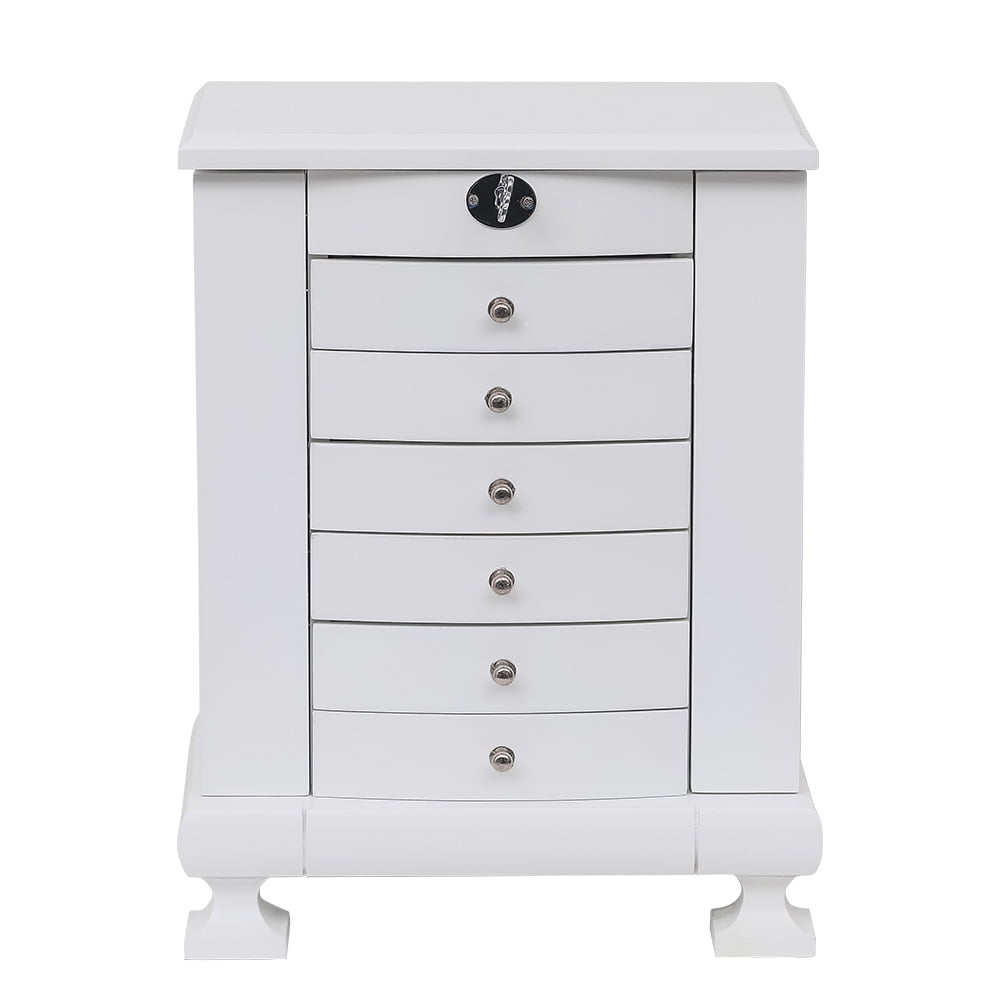 Kepooman 7 Layers Wooden Jewelry Box Case with Lock, Women' s Jewelry Display Storage Case Holder for Necklaces Rings Earrings Watches, White Kepooman 7 Layers Wooden Jewelry Box Case with Lock, Women' s Jewelry Display Storage Case Holder for Necklaces Rings Earrings Watches, White