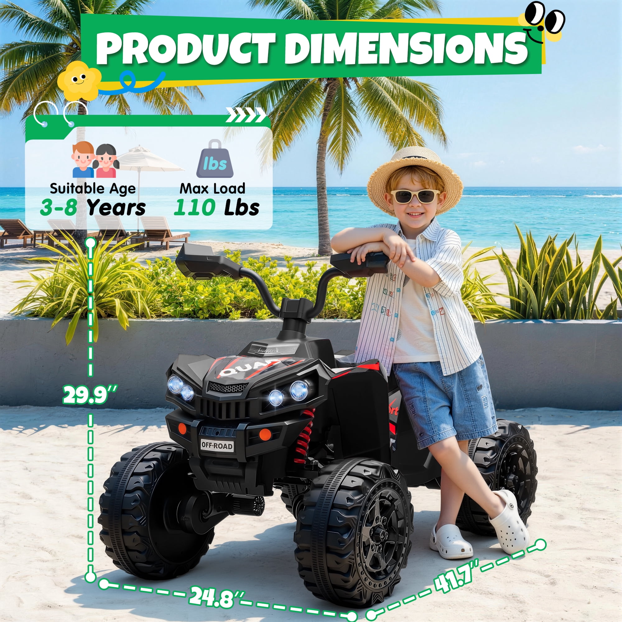 24V Kids Ride On ATV for Ages 3-8, 4WD Electric Quad with 4 Motors, Bluetooth Music, LED Lights, Spring Suspension, 3-5 km/h, 110 lbs Capacity, Battery Powered Toy for Boys Girls, Black