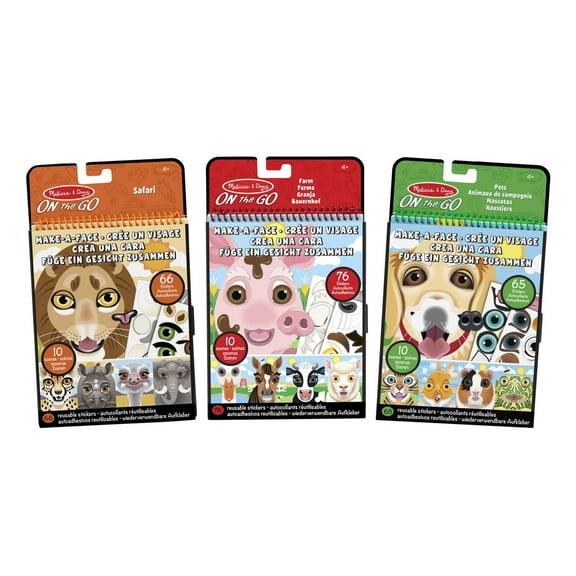 Melissa & Doug Make-a-Face Reusable Sticker Pad Animals 3-Pack (Safari, Farm, Pets)