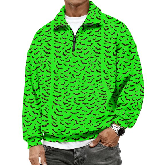 IYYVV Halloween Quarter Zip Up Sweaters for Men Lightweight Mock Neck Pullover Casual Pumpkin Printed Sweaters Light Green XL
