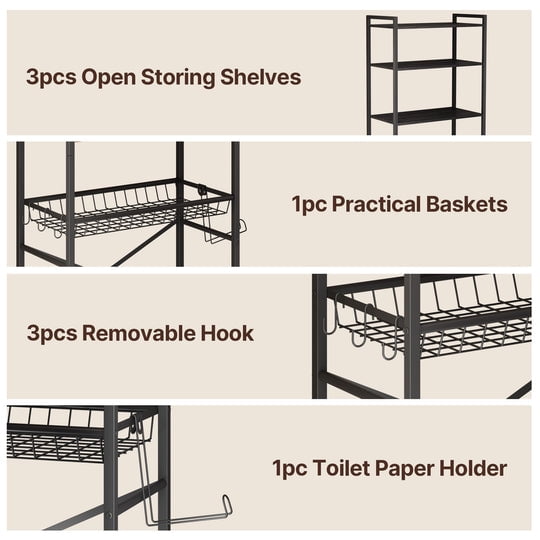 Aiho Over The Toilet Storage Shelf, 4-Tier Freestanding Bathroom Organizers and Storage, above Toilet Space Saver Rack with Adjustable Leg Pads, Toilet Paper Holder and 3-Hooks - Black