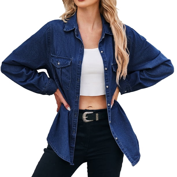 Camisa vaquera de primavera para mujer: estilo oversize boyfriend, botones, bolsillos en el pecho, aberturas laterales. Ideal para combinar en primavera y otoño.