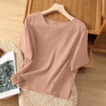 thumbnail image 5 of Vestidos Casuales Para Mujer, Blusas De Mujer De Moda Blusa de mujer de color liso de imitación de lino con hombros descubiertos, manga corta, cuello redondo y dobladillo con abertura, 5 of 5