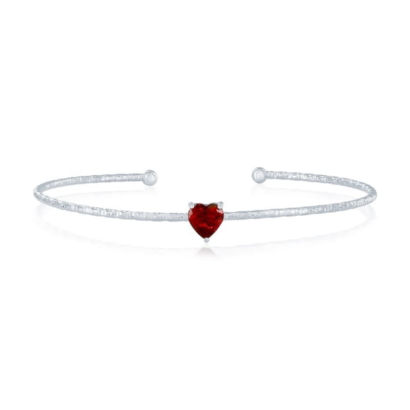 Beaux Bijoux Sterling Silver Birthstone Heart Bangle Bracelet - Created Garnet Heart Gemstone Bracelet for Women - January Birthstone Bracelet