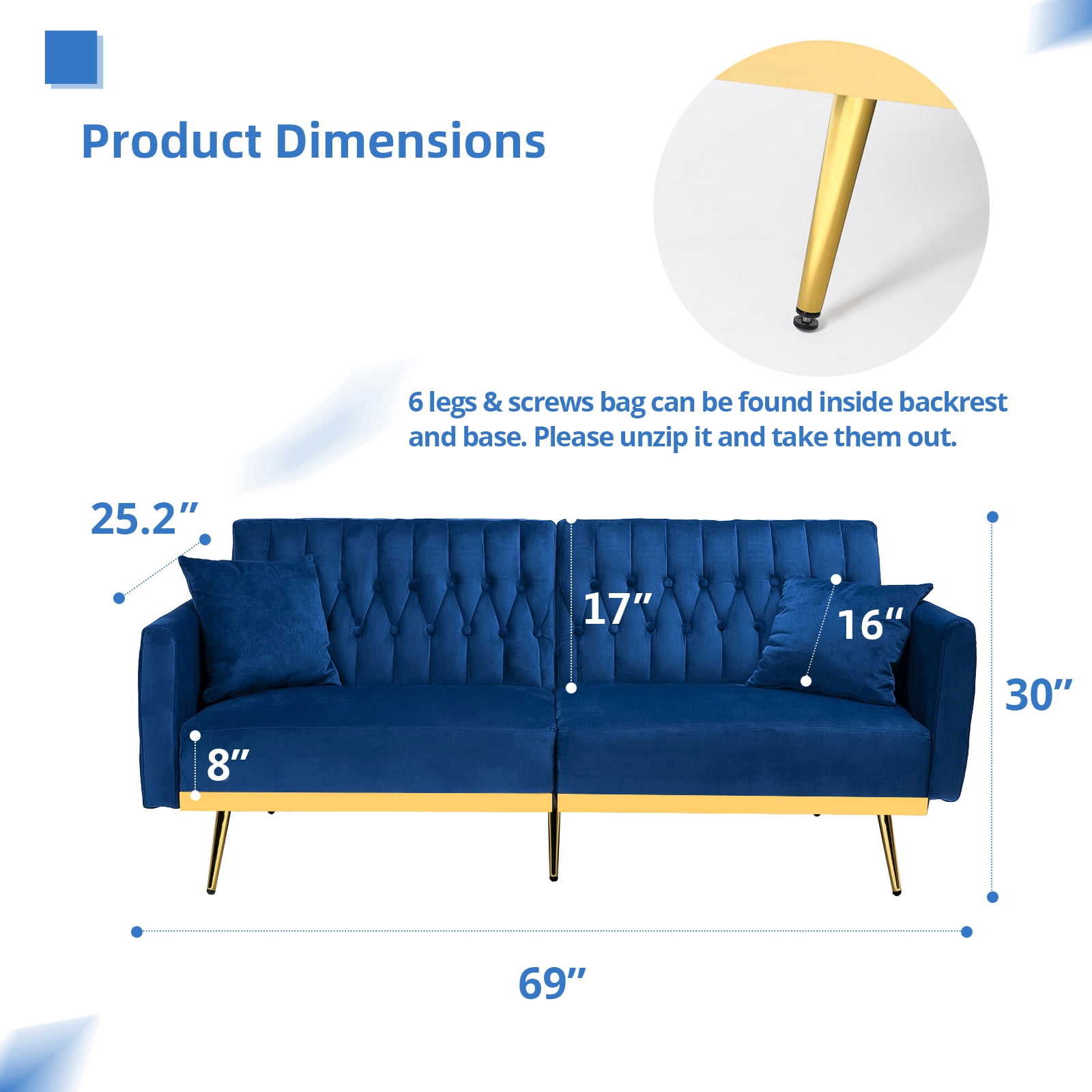 ACMEASE 70” Velvet Futon Sofa Bed with Adjustable Armrests and 2 Pillows, Convertible Futon Couch, Blue