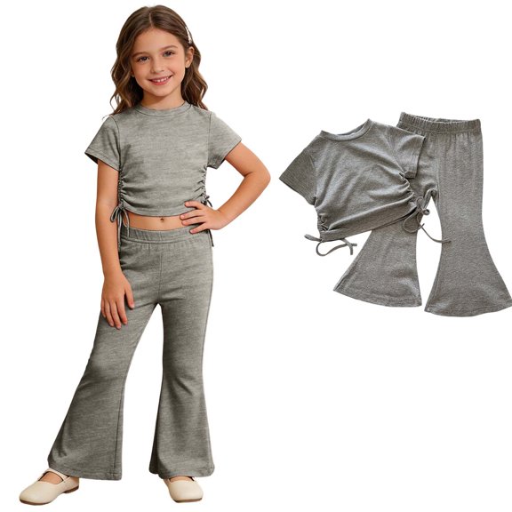 Kids Toddler Girls Summer Clothing 2pcs Sets Grey Drawstring Short Sleeve T-Shirts and Flared Pants for 2-3 Years