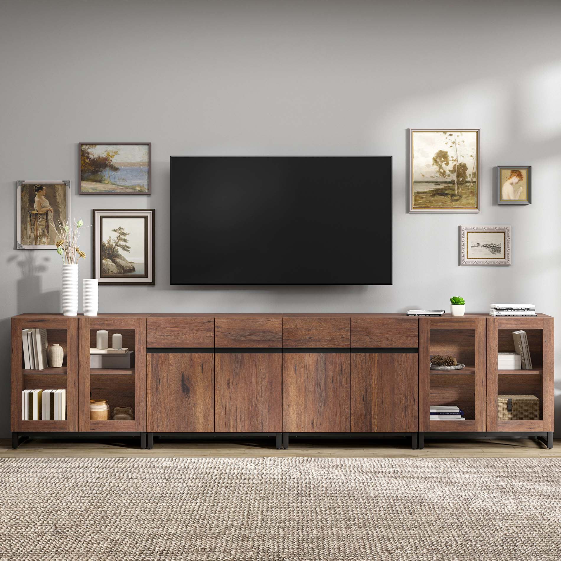 4 In 1 TV Stand For Tvs Up To 120 Inches, Modern Entertainment Center With Glass Doors And Metal Legs, TV Console With Adjustable Shelf For Living Room, Bedroom,Brown