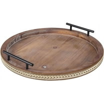 Coffee Table Tray, Wooden Tray with Handles, Beaded Round Decorative Trays for Home Decor Kitchen Counter Living Dinning Room Countertop Display