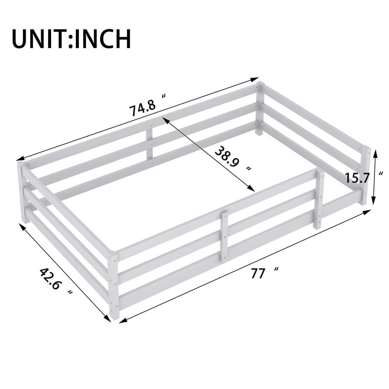 Mirightone Wood Twin Montessori Bed, Twin Floor Bed Frame with Rails, Floor Bed for Kids – Gray