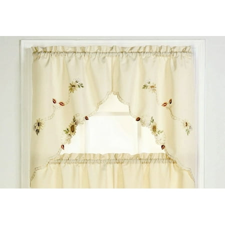 Sunflower Swag - Traditional Elegance Embroidered Sunflower Tailored Kitchen Curtain Swag (60
