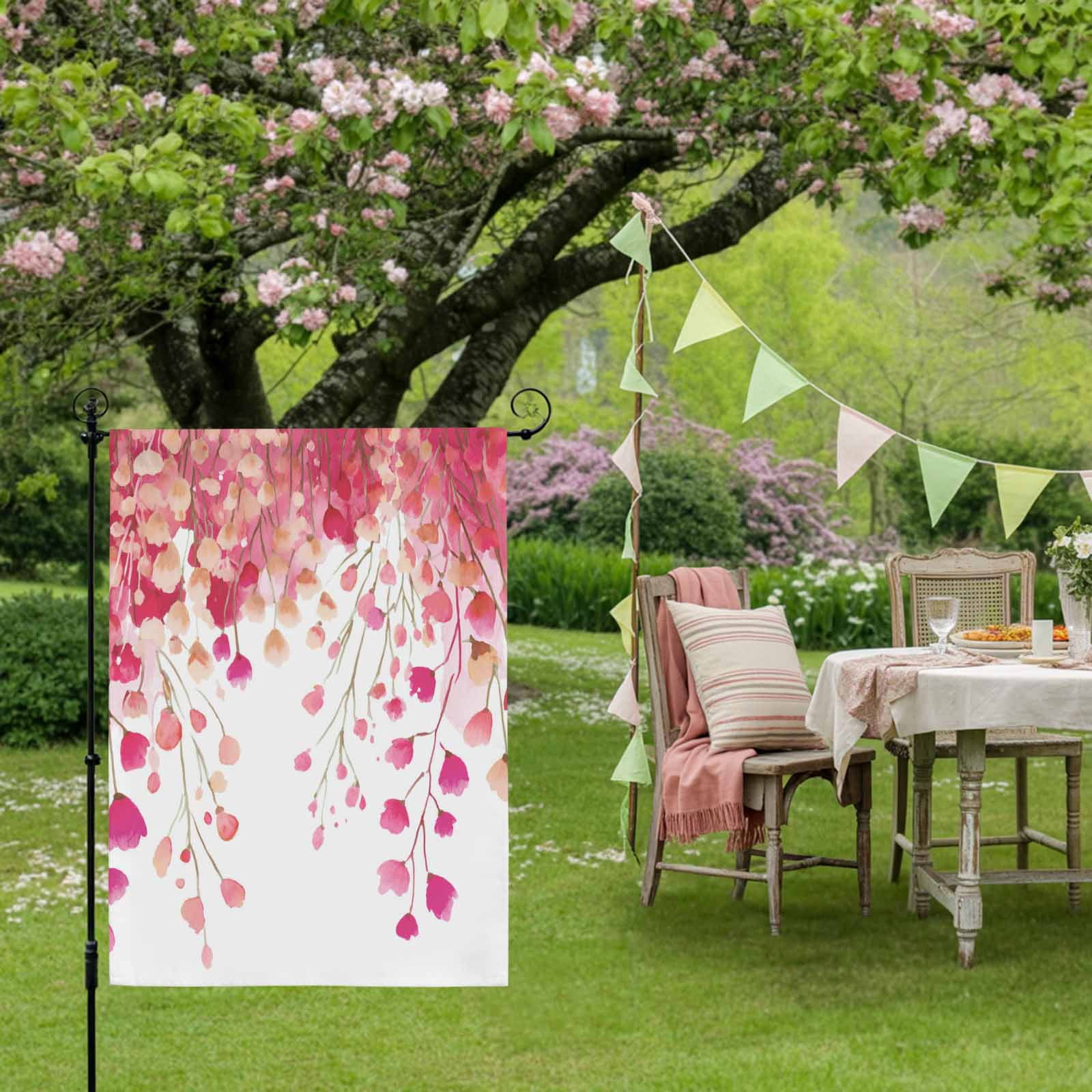 Spring Florals House Flag 28 x 40 Inches, Watercolor Gradient Pink Red Floral Romantic Weather Proof Outdoor Patio Flags Double Sided Small House Decoration for Yard Lawn Outside Home