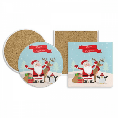 

mas Santa Claus Elk Penguin Festival Coaster Cup Mug Holder Absorbent Stone Cork Base Set